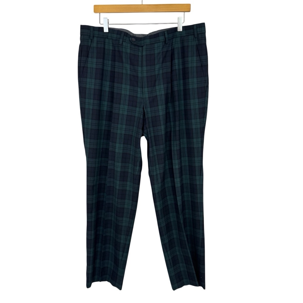 Oscar Jacobson Wool Blend Green Blue Plaid Pants Size 40 x 30